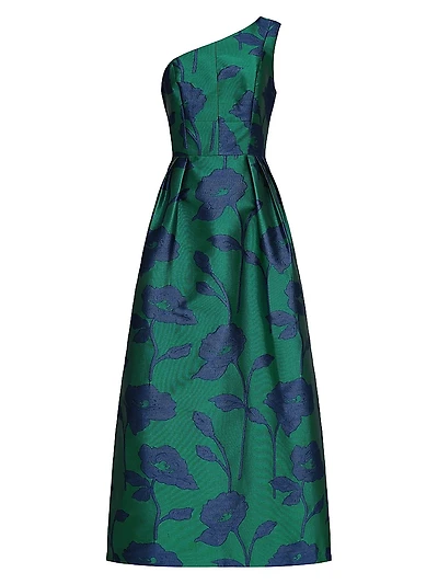 Tiara Floral Jacqaurd One-Shoulder Gown