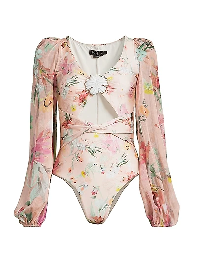 Lily Flower Puff Sleeve Cut-Out Swimsuit