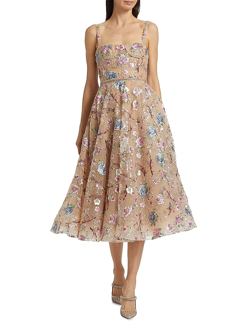 Mademoiselle Embroidered Floral Midi-Dress
