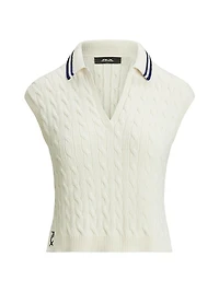 Cotton-Blend Cable-Knit Polo Sweater