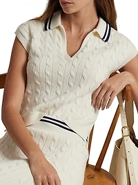 Cotton-Blend Cable-Knit Polo Sweater