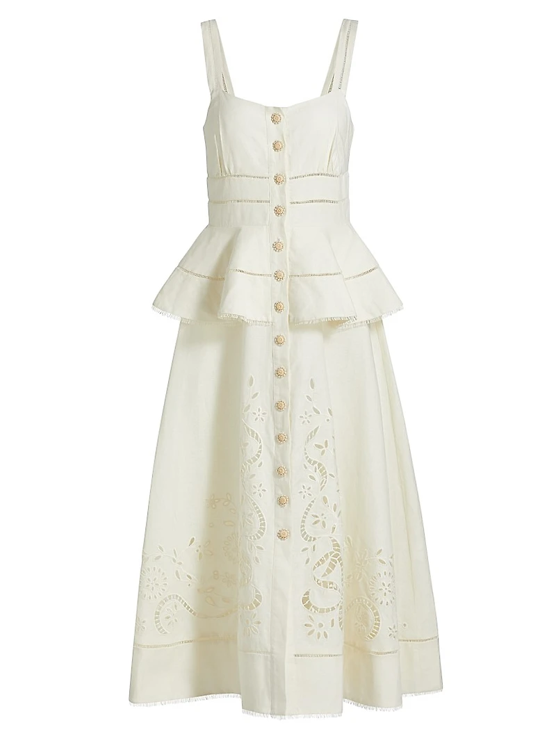 Lace Linen-Cotton Peplum Midi-Dress