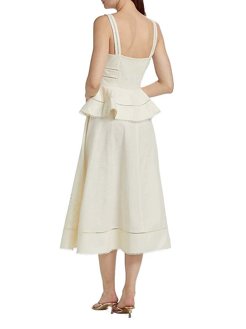 Lace Linen-Cotton Peplum Midi-Dress