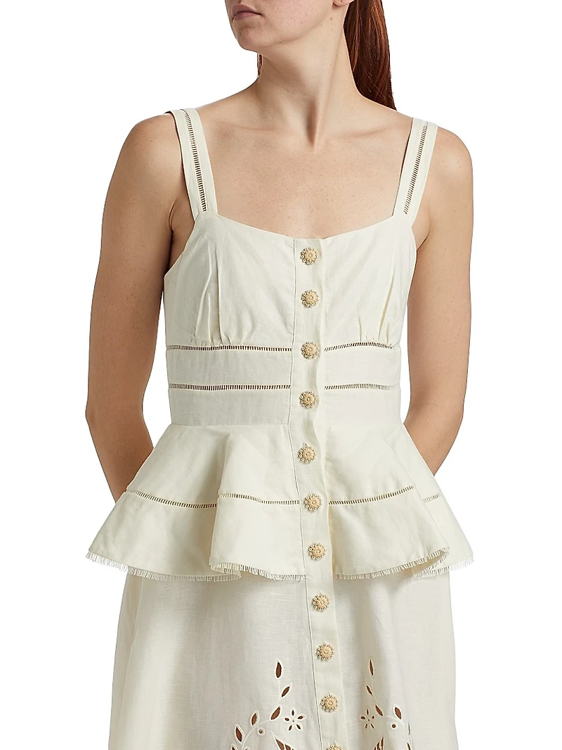 Lace Linen-Cotton Peplum Midi-Dress