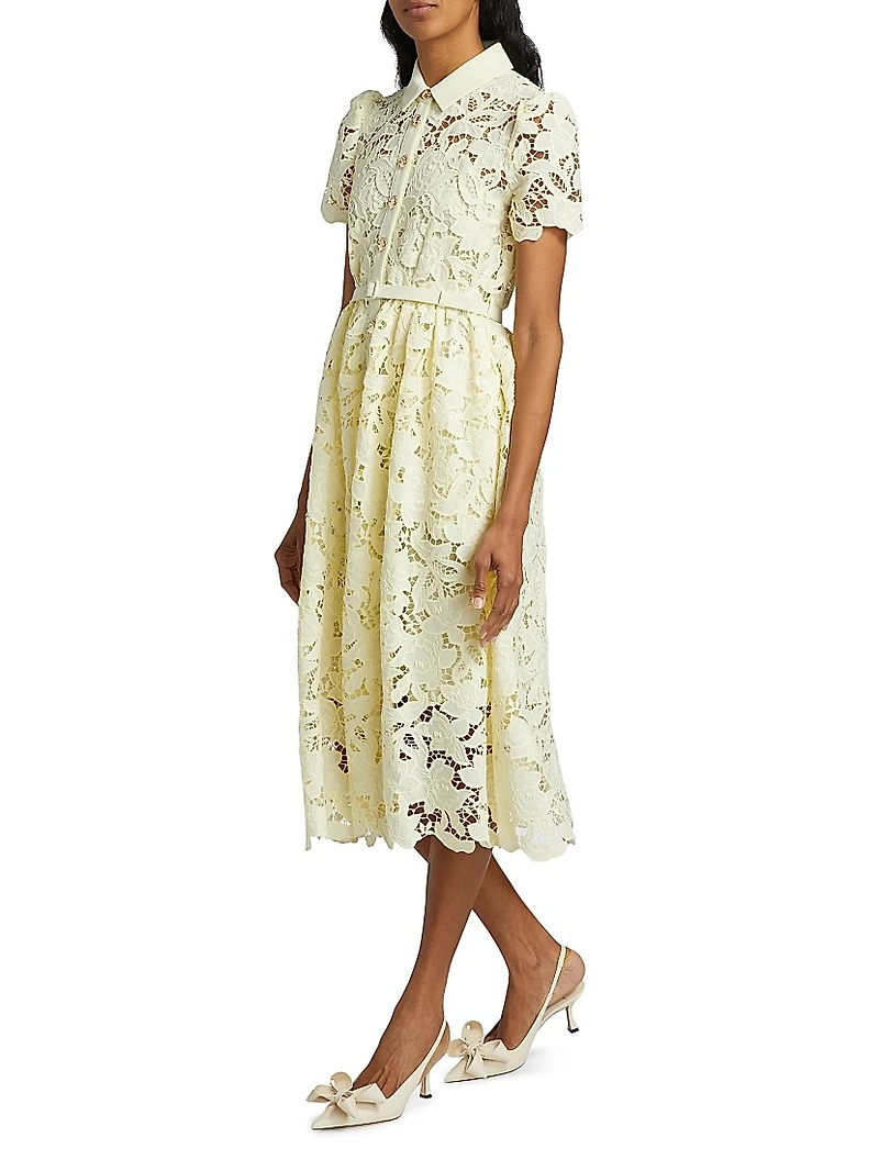 Guipure Lace Collared Midi-Dress