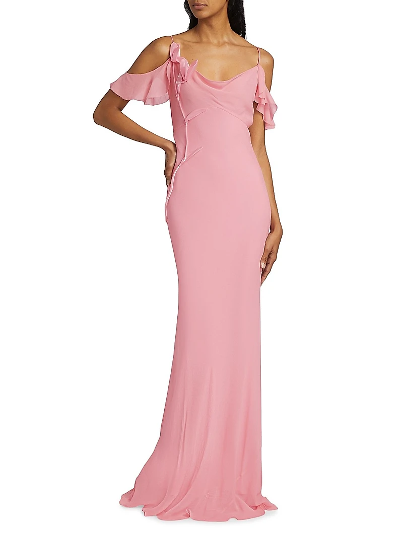 Georgette Flower Off-the-Shoulder Gown