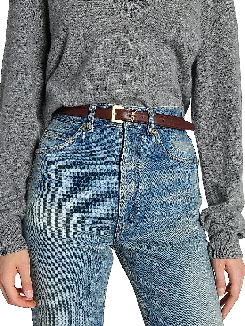 Cassandre Thin Belt with Square Buckle in Smooth Leather