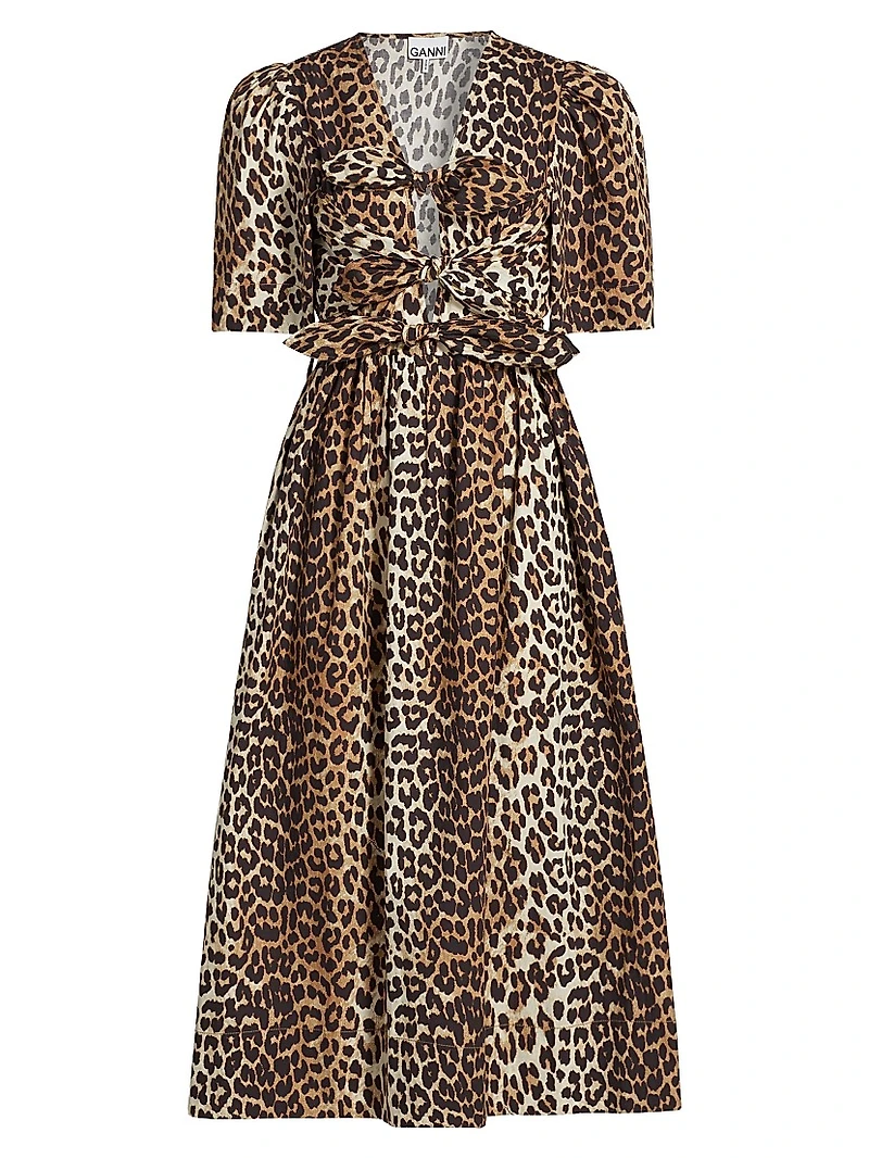 Leopard Cotton Tie-Strap Midi-Dress