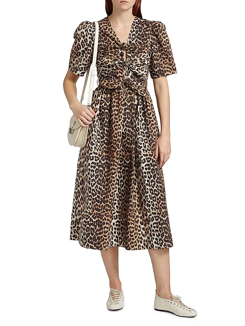Leopard Cotton Tie-Strap Midi-Dress