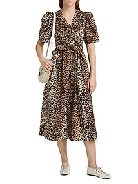 Leopard Cotton Tie-Strap Midi-Dress