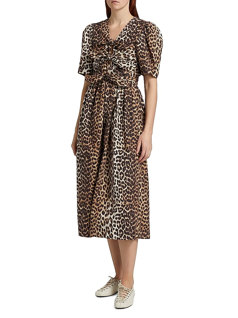 Leopard Cotton Tie-Strap Midi-Dress