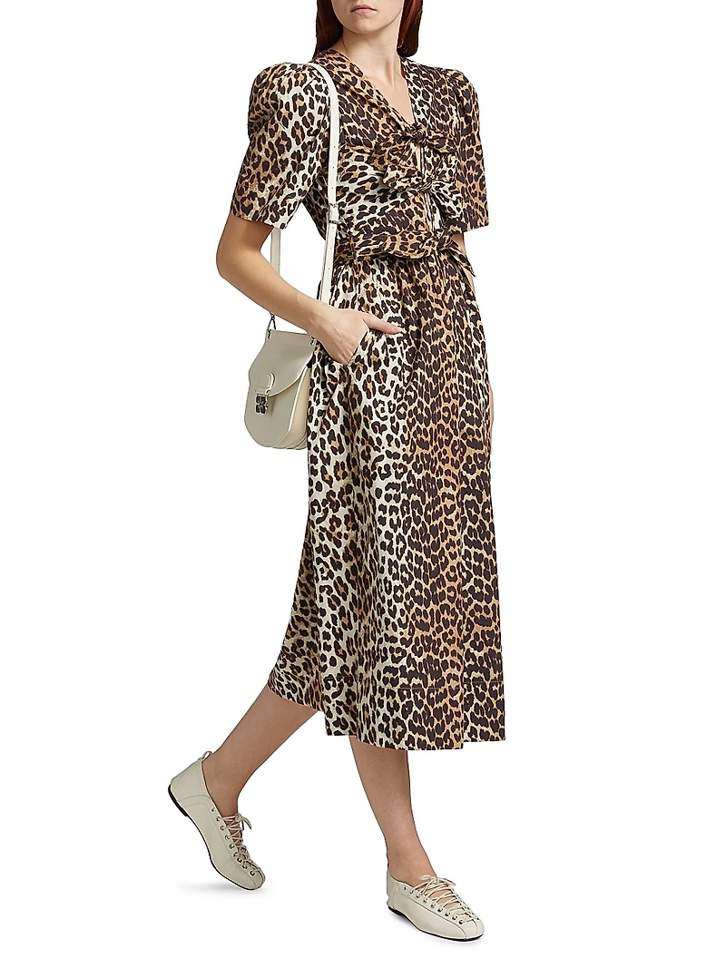 Leopard Cotton Tie-Strap Midi-Dress