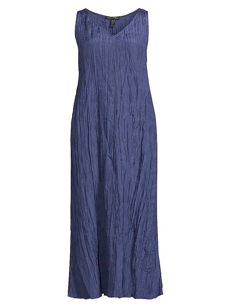 V-Neck Pleated Crushed Silk Midi-Dress
