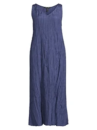 V-Neck Pleated Crushed Silk Midi-Dress