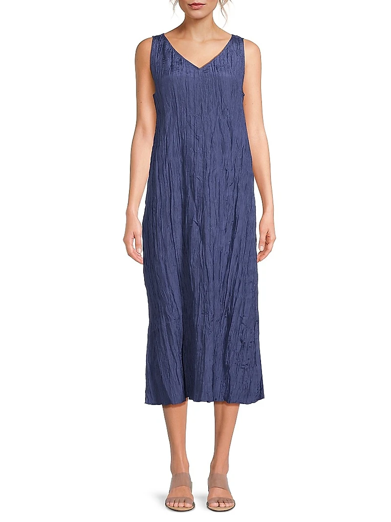 V-Neck Pleated Crushed Silk Midi-Dress