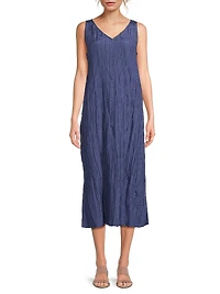 V-Neck Pleated Crushed Silk Midi-Dress