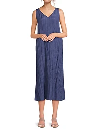 V-Neck Pleated Crushed Silk Midi-Dress