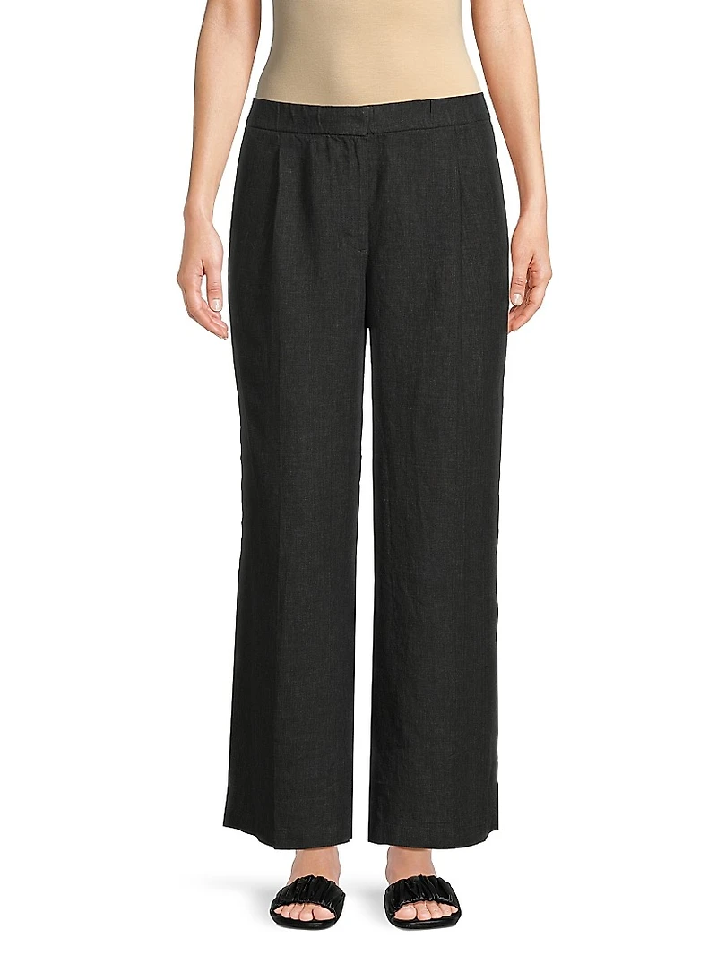 Pleated Linen High-Rise Wide-Leg Pants