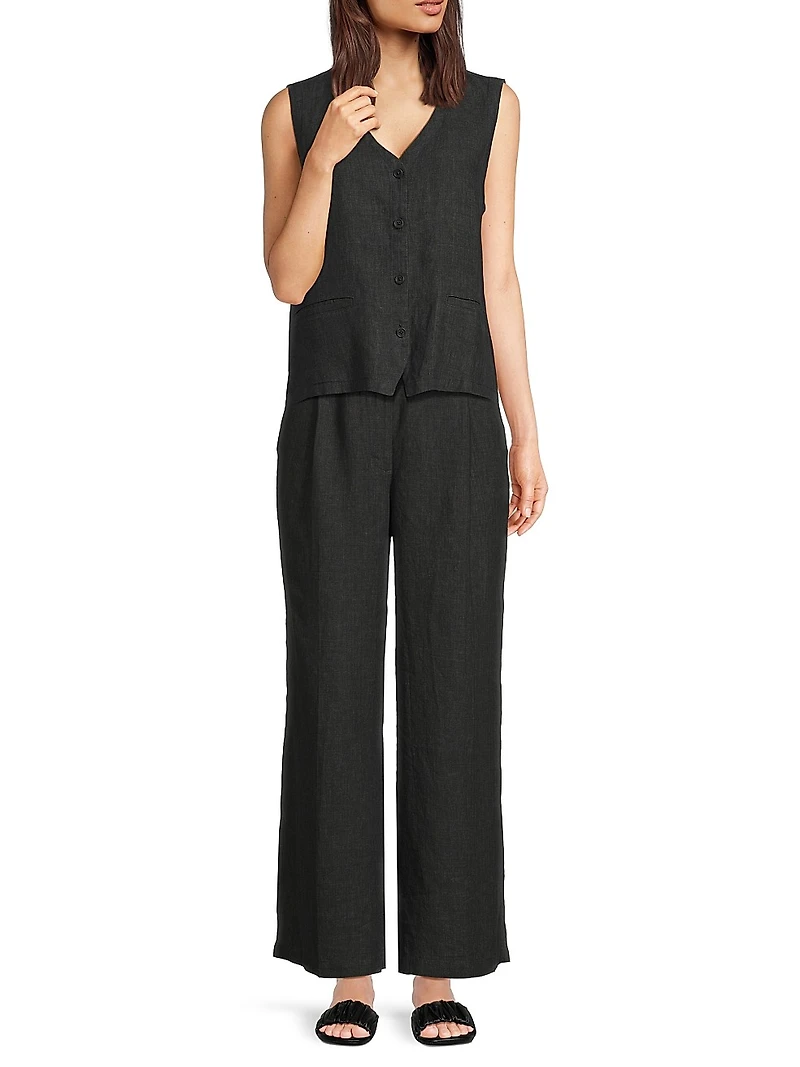 Pleated Linen High-Rise Wide-Leg Pants