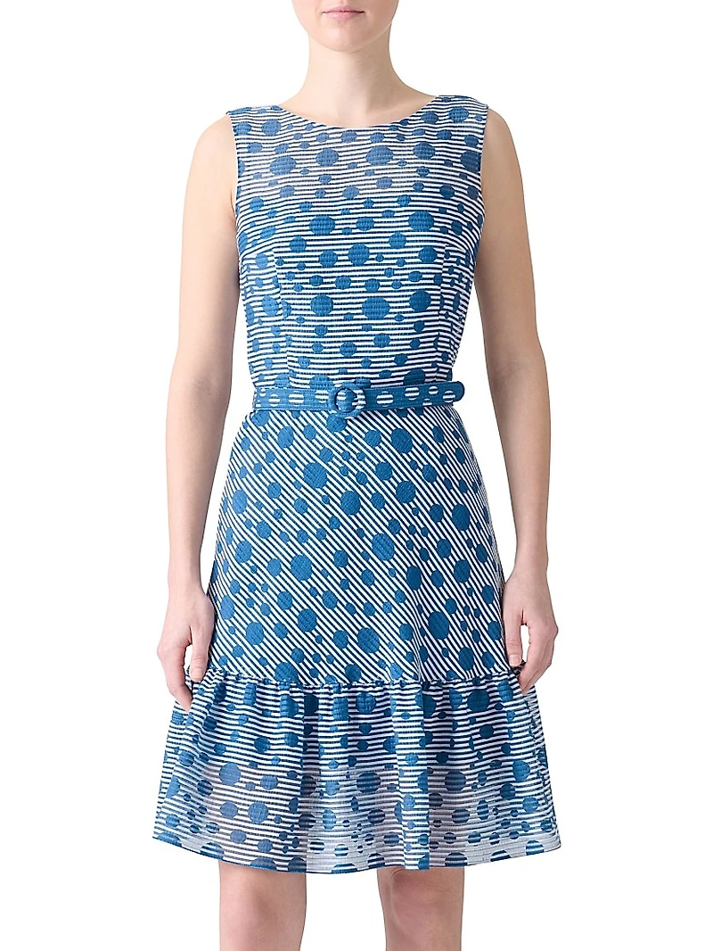 Striped Polka Dot Jacquard Sleeveless Minidress