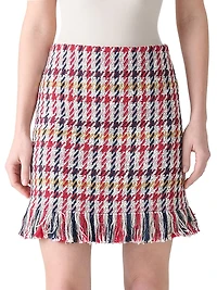Houndstooth Tweed Fringe-Trim Miniskirt