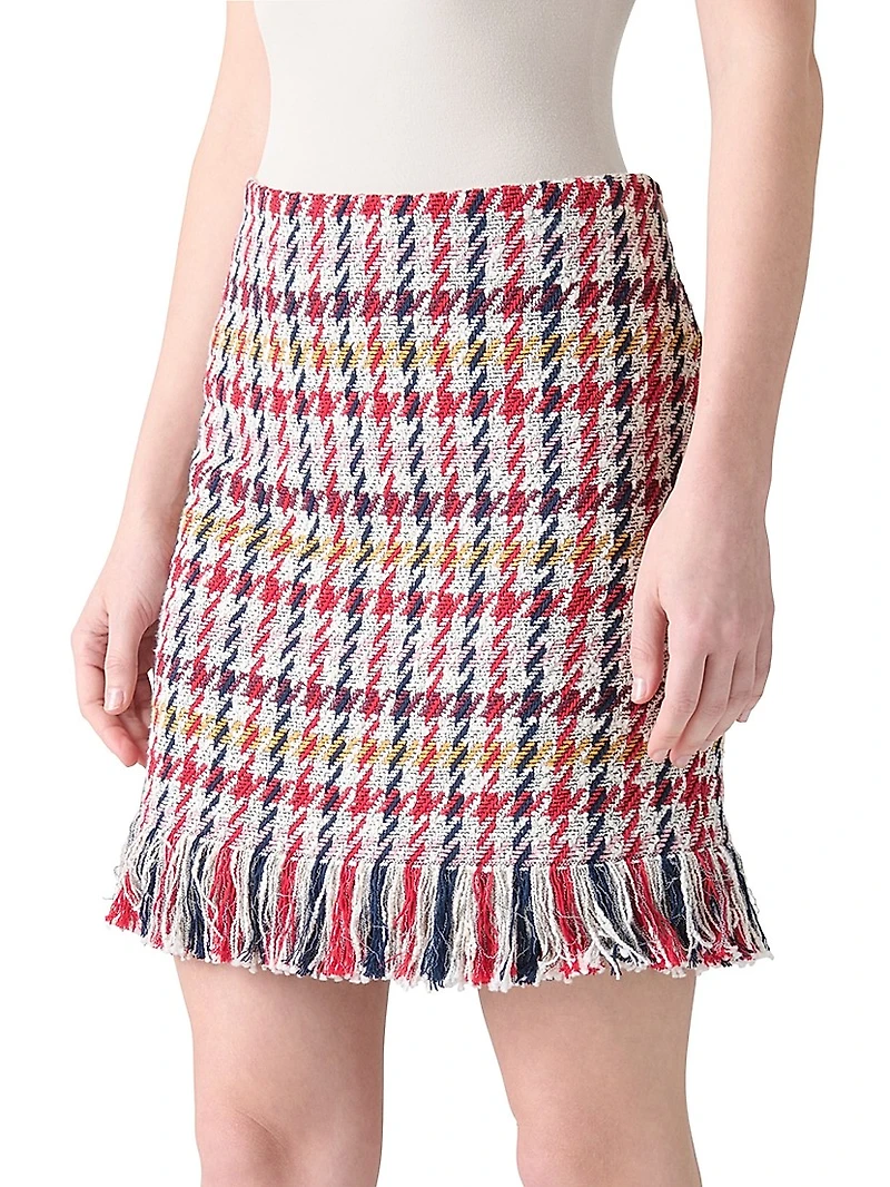 Houndstooth Tweed Fringe-Trim Miniskirt