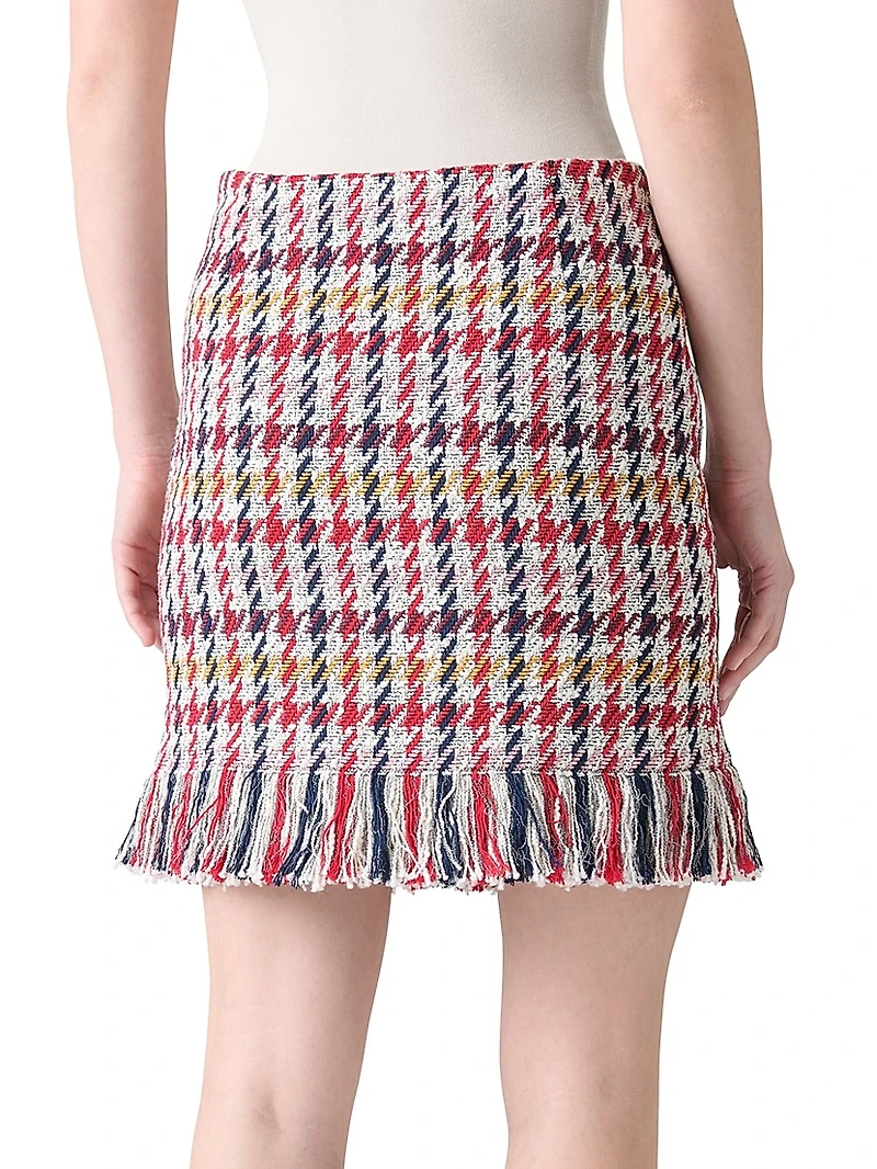 Houndstooth Tweed Fringe-Trim Miniskirt