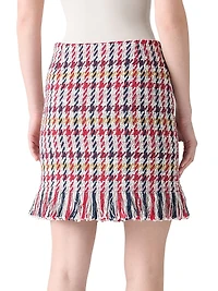 Houndstooth Tweed Fringe-Trim Miniskirt