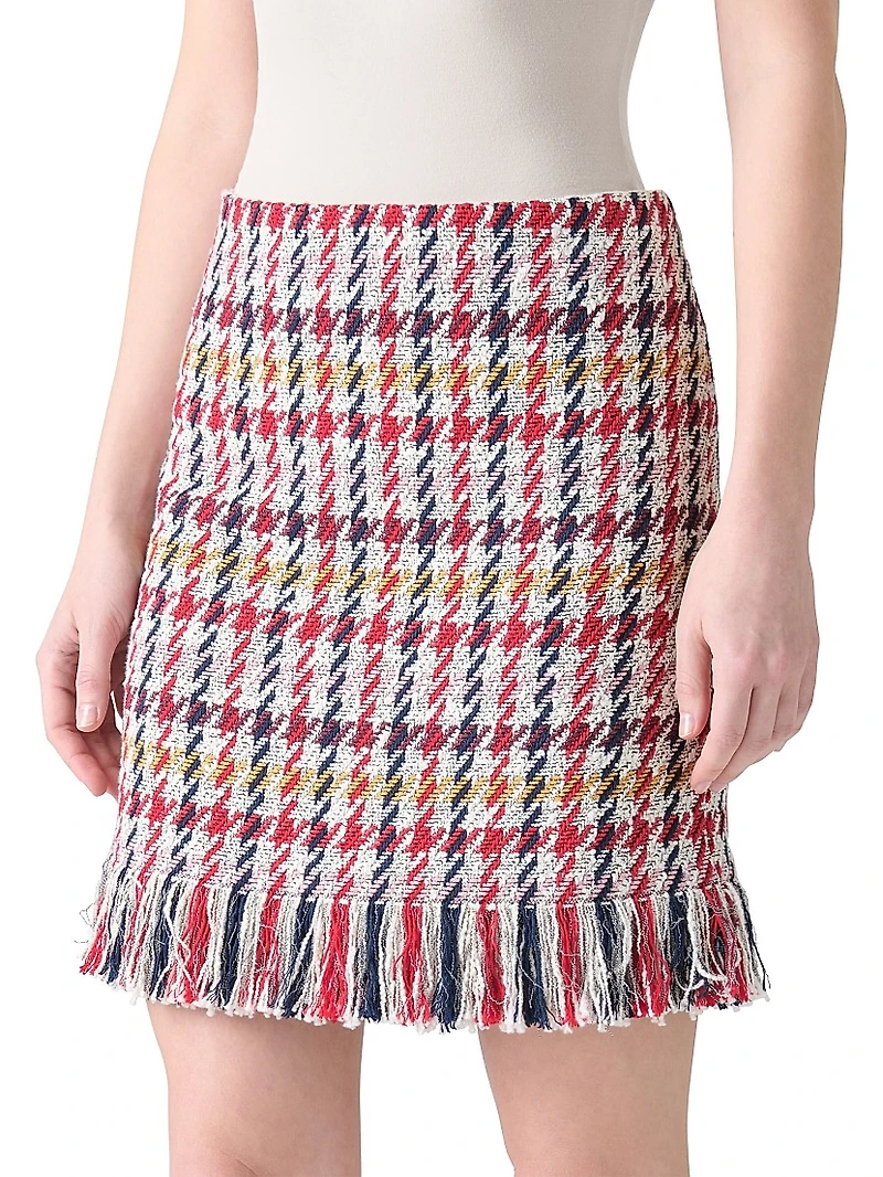 Houndstooth Tweed Fringe-Trim Miniskirt