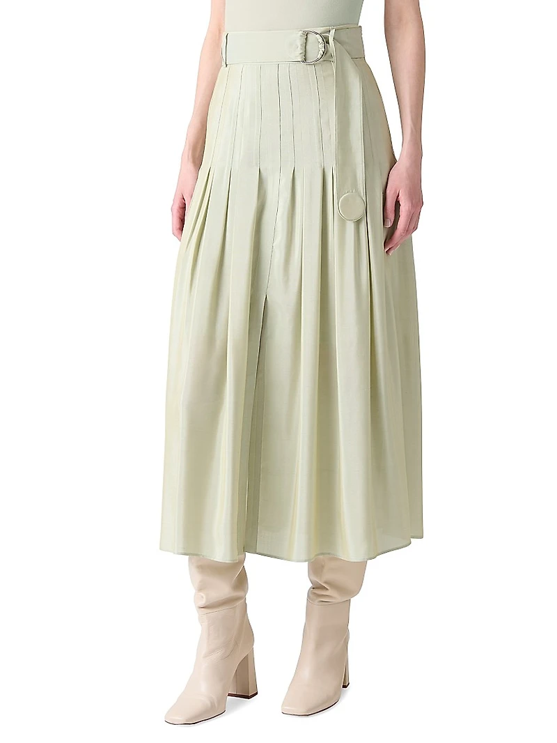 Belted Pleated Midi-Skirt