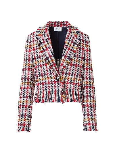 Houndstooth Tweed Fringe-Trim Blazer