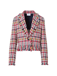 Houndstooth Tweed Fringe-Trim Blazer