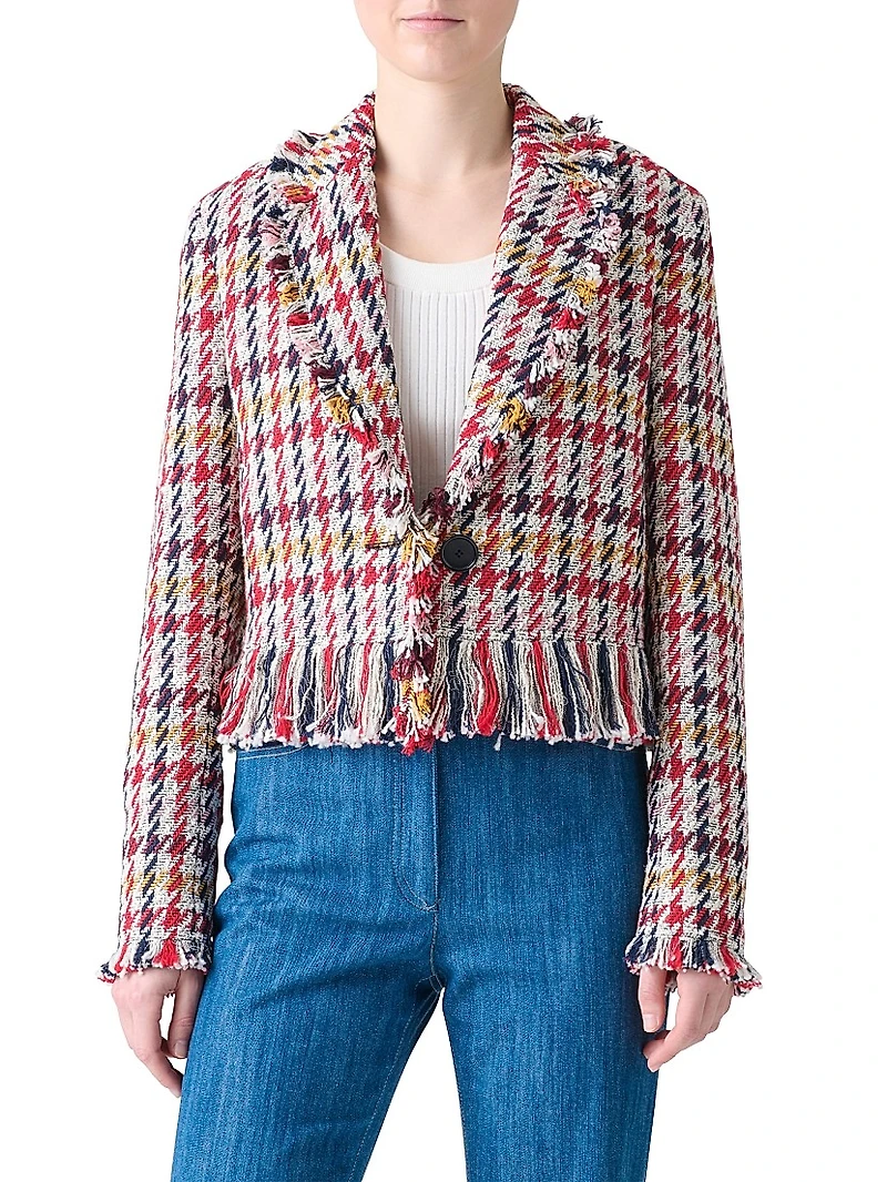 Houndstooth Tweed Fringe-Trim Blazer