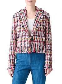Houndstooth Tweed Fringe-Trim Blazer