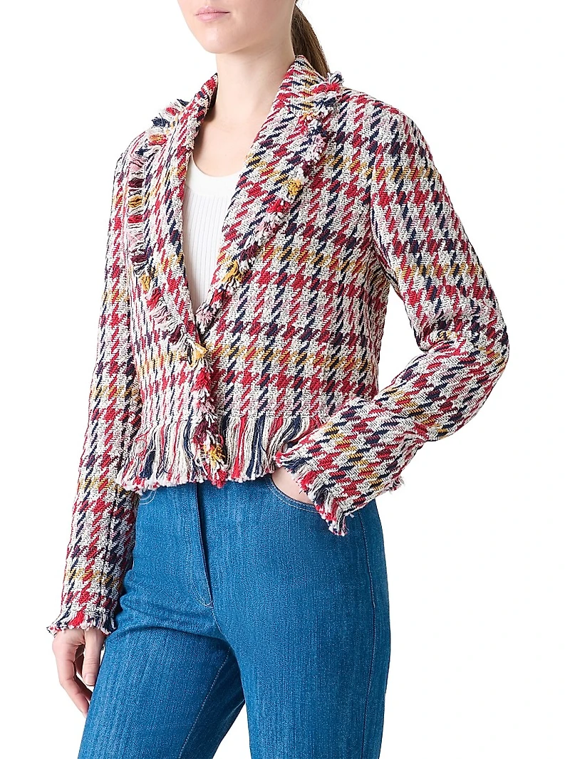 Houndstooth Tweed Fringe-Trim Blazer