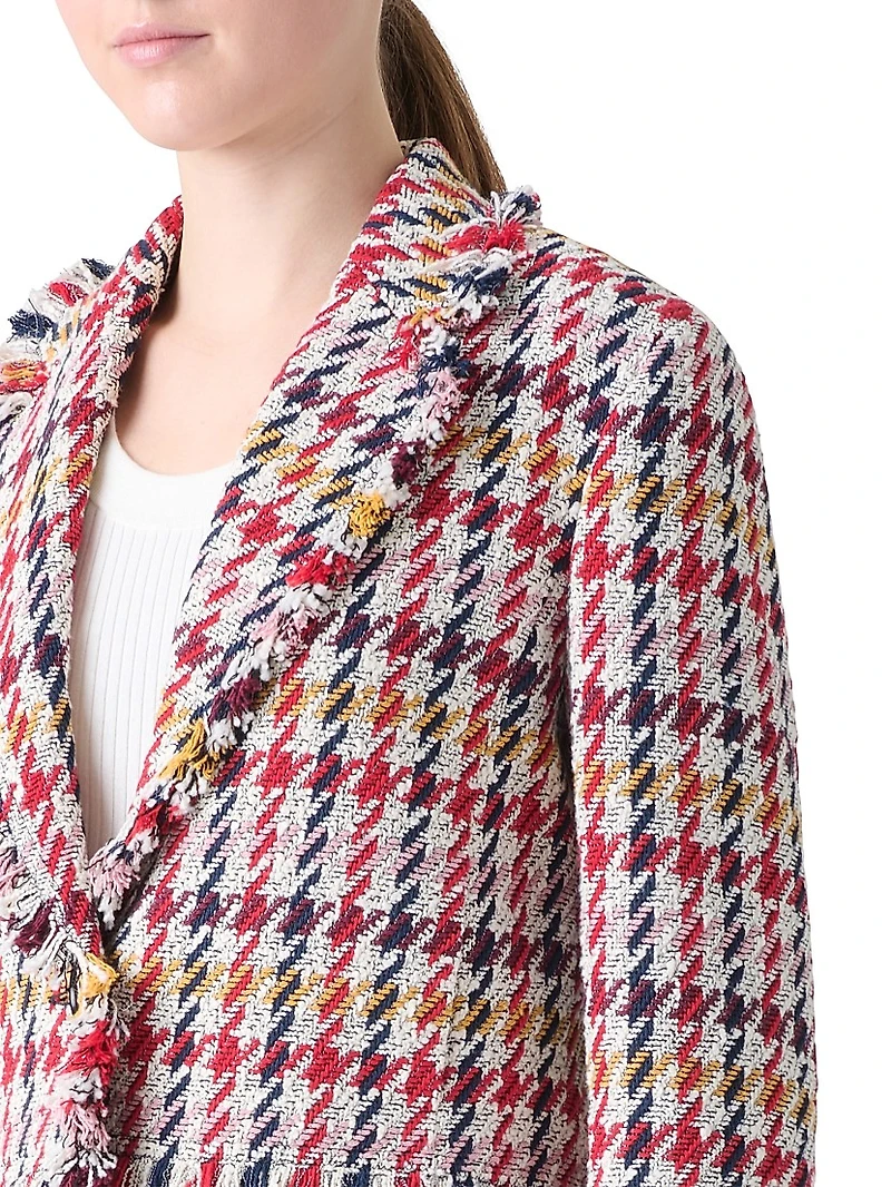 Houndstooth Tweed Fringe-Trim Blazer