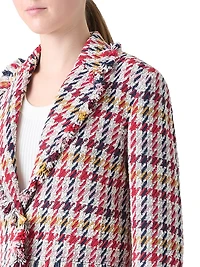 Houndstooth Tweed Fringe-Trim Blazer