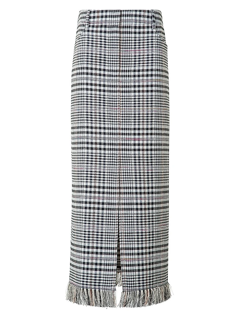 Fringed Plaid Pencil Midi-Skirt