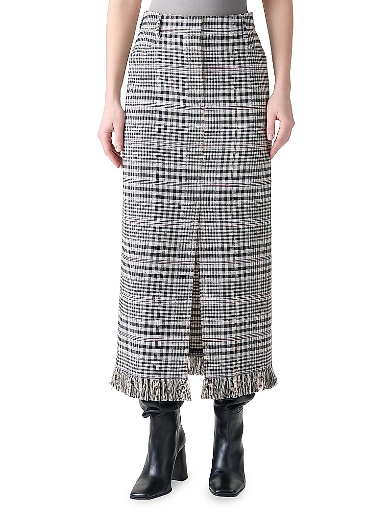 Fringed Plaid Pencil Midi-Skirt