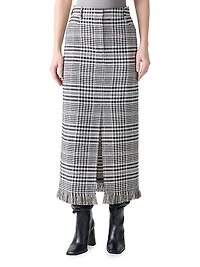 Fringed Plaid Pencil Midi-Skirt