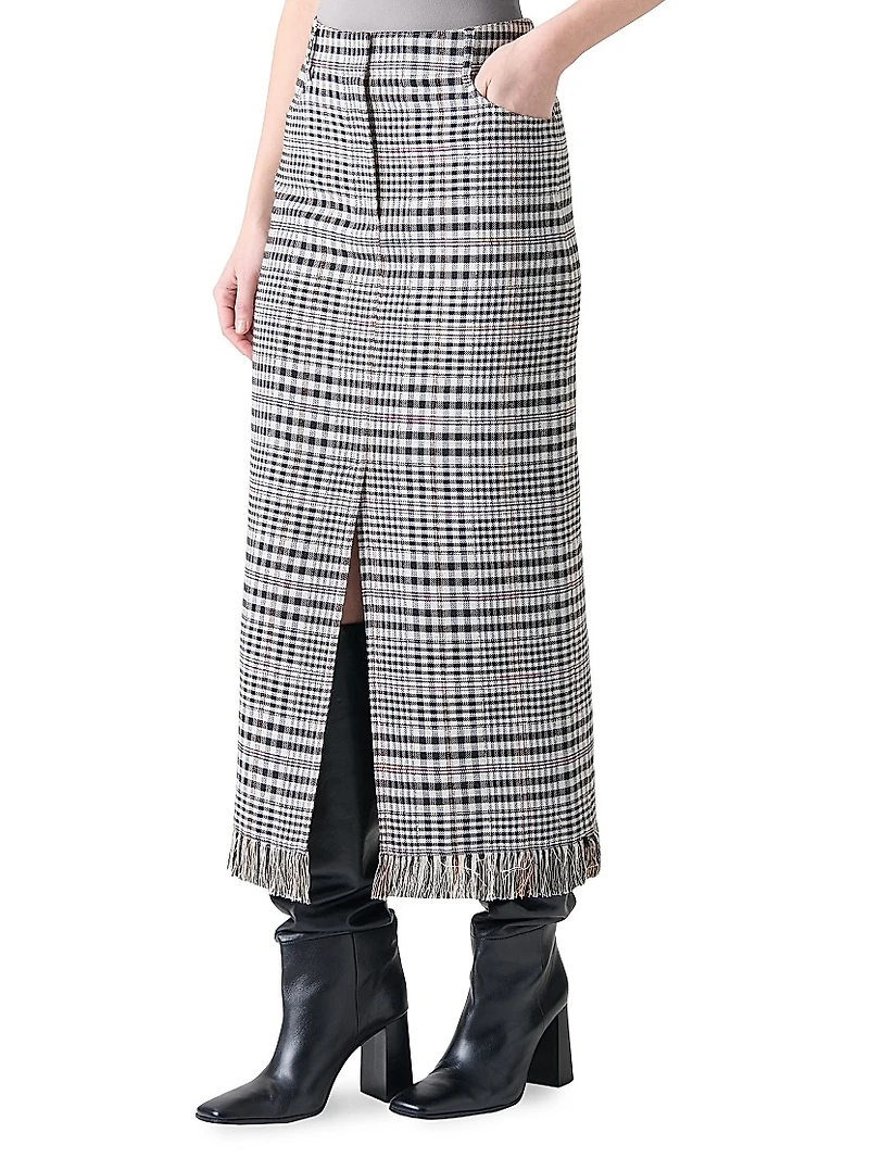 Fringed Plaid Pencil Midi-Skirt