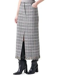 Fringed Plaid Pencil Midi-Skirt