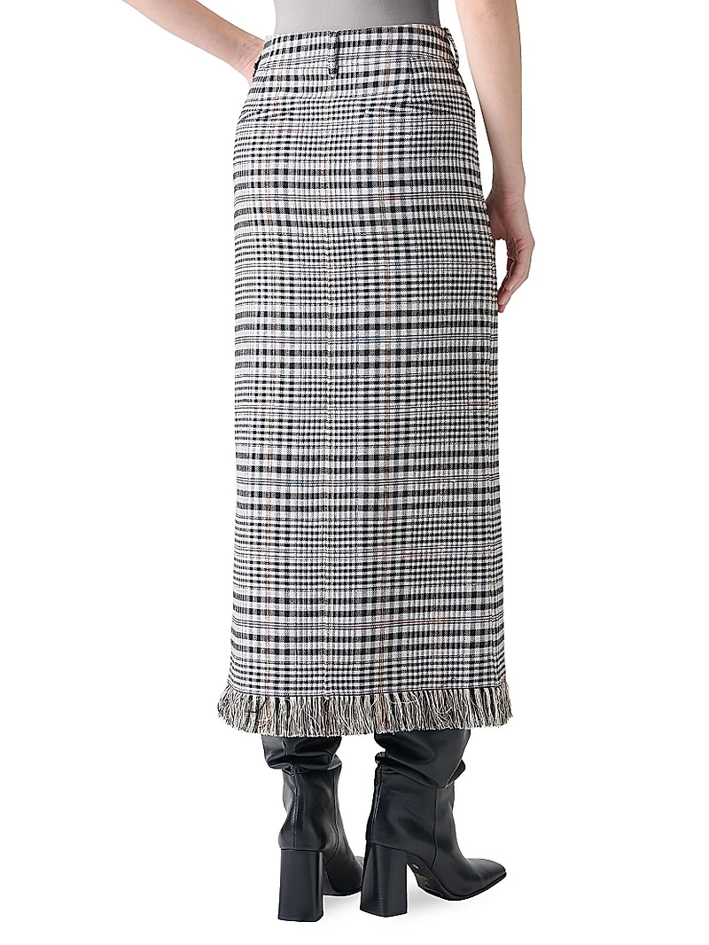 Fringed Plaid Pencil Midi-Skirt