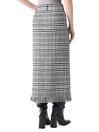 Fringed Plaid Pencil Midi-Skirt