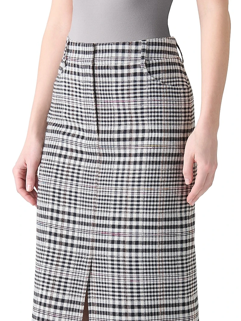 Fringed Plaid Pencil Midi-Skirt