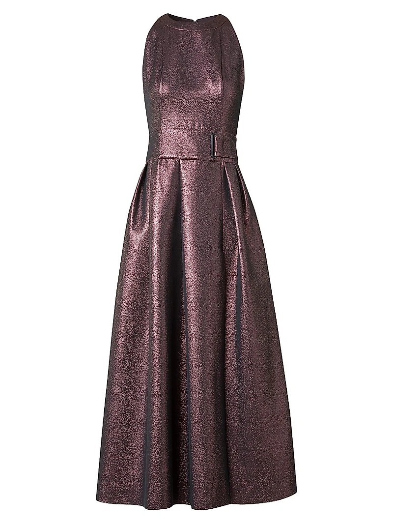 Metallic Crepe Belted Midi-Dress