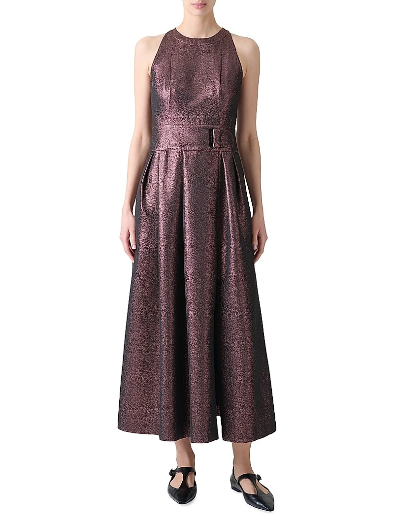 Metallic Crepe Belted Midi-Dress