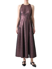 Metallic Crepe Belted Midi-Dress