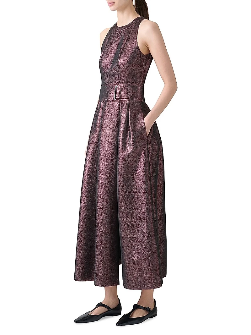 Metallic Crepe Belted Midi-Dress