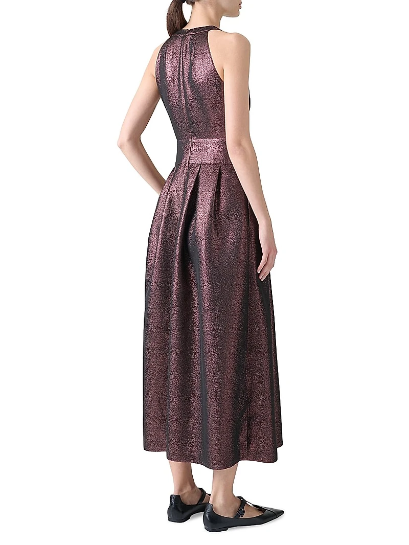 Metallic Crepe Belted Midi-Dress